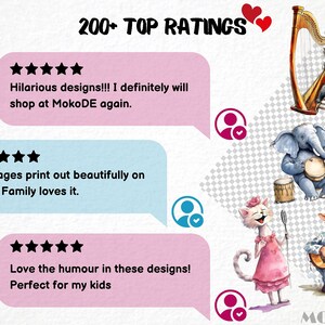 May include: A collage of customer reviews with five-star ratings for digital designs. The reviews highlight the humor and quality of the designs, mentioning their use for fabric printing and children. The image also features illustrations of animals playing musical instruments, including a cat playing a harp, an elephant playing drums, a cat singing, and a cow playing a guitar.