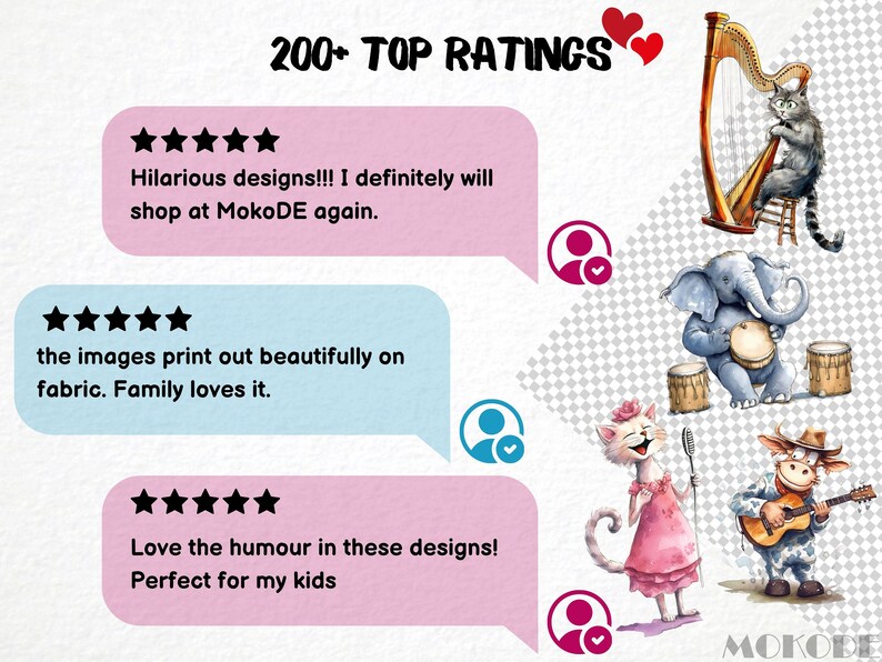 May include: A collage of customer reviews with five-star ratings for digital designs. The reviews highlight the humor and quality of the designs, mentioning their use for fabric printing and children. The image also features illustrations of animals playing musical instruments, including a cat playing a harp, an elephant playing drums, a cat singing, and a cow playing a guitar.