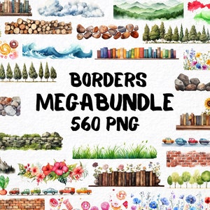 Méga bundle de bordures aquarelles, graphiques DIY, clipart d'éléments de scrapbooking, fabrication de cartes, bordure de papeterie nature Png, usage Commercial