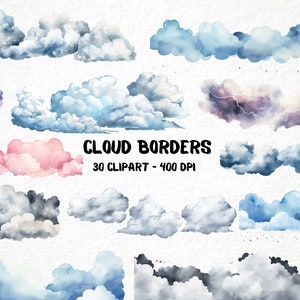 Watercolor Cloud Borders, 27 Png, Cloudy Clipart, DIY Nature Graphics, Scrapbooking Elements, Card Making Stationery Borders, Commercial Use