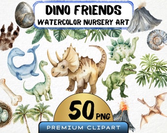Watercolor Dino Friends Clipart 50 Png, Cute Nursery Dinosaurs, Prehistroric World, Cool Dino Art, Printable Digital File, Invitation card