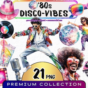 Retro Disco Clipart Bundle 80er Jahre Disco Time, Set von 21, Party Clipart Grafiken, Disco Ball, Tanzen Png, Vintage Partydekorationen, Nachtclub
