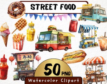 Aquarell Street Food Clipart, Imbisswagen, Hotdog Stand (50 PNG)