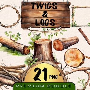 Aquarel twijgen en boomstammen clipartbundel, set van 21, houten randen, stick png, log illustraties, houten frame, boomstam clipart, Instant Download