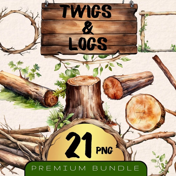 Bundle de cliparts brindilles et bûches aquarelle, lot de 21, bordures en bois, bâton png, clipart de bûche, cadre en bois, clipart de tronc d'arbre, téléchargement immédiat