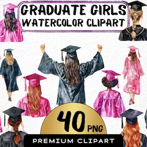 Imágenes prediseñadas de chicas graduadas (40 PNG), gráficos de ceremonia de graduación, birretes de graduación, tarjetas de acuarela para graduados universitarios de 2024, arte digital
