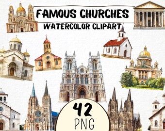Watercolor Church Clipart, Notre Dame, St. Peters Basilica (PNG Digital Download)