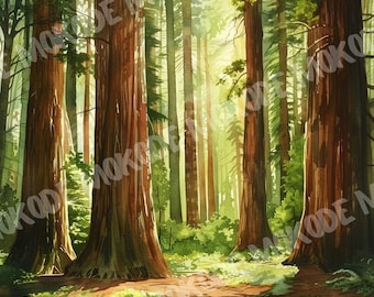 10 High Quality Watercolor Redwood Trees Designs Png,California Redwood Illustration, Journaling, Wall Art, Digital Download, Commercial Use