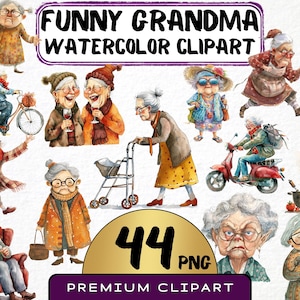 Grappige oma clipart 44 png, karikatuur oude dame, vrouw aquarel, portret bejaarde persoon, cartoon grootouder, digitale kunst, scrapbooking