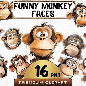 Funny Monkey Face Clipart 16 Png, Cute Caricature Safari Animals, Africa Watercolor, Ape Portrait, Cartoon Animal, Digital Art, Scrapbooking