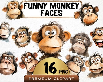 Imágenes prediseñadas de caras de monos divertidos, animales de safari en acuarela (arte digital PNG)