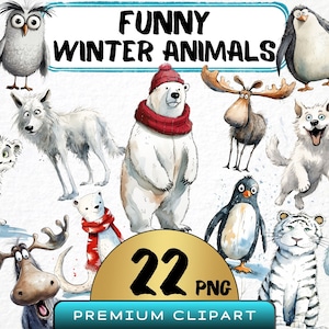 Funny Winter Animals Clipart 22 Png, Cute Caricature Polar Bear, Arctic Animal Watercolor, Penguin Illustration, Digital Print, Junk Journal