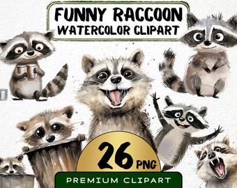 Funny Raccoon Clipart 26 Png, Cute Raccoon Cartoon, Quirky Raccoon Watercolor, Woodland Cartoon Animal, Digital Download Prints, Sticker png