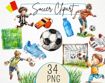 Clipart de fútbol en acuarela, ilustración de fútbol infantil (arte digital)