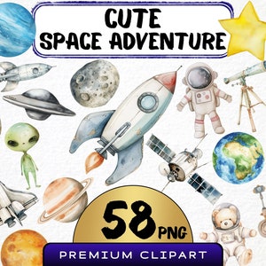 Acuarela Linda Aventura Espacial Clipart 58 Png, Planetas de Guardería, Estrellas y Luna, Arte de Nave Espacial, Archivo Digital Imprimible, Tarjeta de Invitación