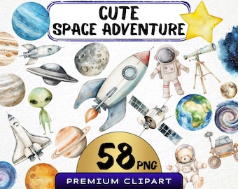 Watercolor Space Adventure Clipart, Nursery Art (58 PNG Digital Files)