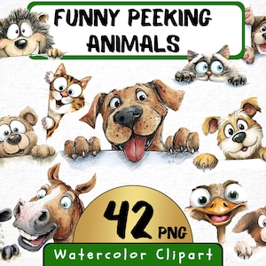 Funny Peeking Animals Clipart Bundle 42 Png, Watercolor Dog, Cat Portrait, Quirky Cartoon Pet Face Illustration, Commercial Use, Digital art