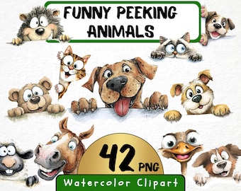Funny Peeking Animals Clipart Bundle 42 Png, Watercolor Dog, Cat Portrait, Quirky Cartoon Pet Face Illustration, Commercial Use, Digital art