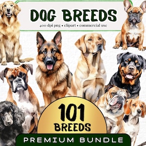 Dog Breed Clipart Bundle, Set of 101, Watercolor Dog png, Popular Dog Breed Clip Art, Sitting Dog Illustration, Tranpsarent png, Digital art