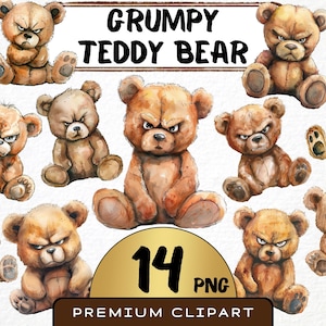 Könnte beinhalten: Ein Set mit 14 digitalen Illustrationen von grantigen Teddybären im Aquarell-Stil. Die Bären sind braun und haben wütende Gesichtsausdrücke. Sie alle sind in verschiedenen Posen, einige sitzen, einige stehen und einige halten ihre Pfoten vor ihr Gesicht. Die Illustrationen sind perfekt für die Verwendung in Scrapbooking, Kartenherstellung und anderen Bastelprojekten.