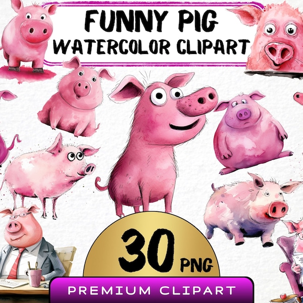 Funny Pink Pig Clipart 30 Png, Cute Caricature Piglet, Farm Animal Watercolor, Cute Oinkers Illustration, Digital Prints, Junk Journal