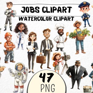 Clipart de trabajos en acuarela (47 PNG), gráficos de profesiones de dibujos animados, ilustración de carreras, impresiones digitales para profesores, descarga instantánea, scrapbooking