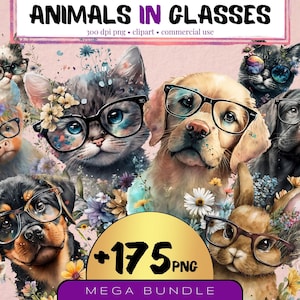 Animaux mignons dans des verres Clipart, lot de 175, chambre d'enfant imprimable drôle, téléchargement d'art numérique, chiots png, chat mignon png, adorables bébés animaux