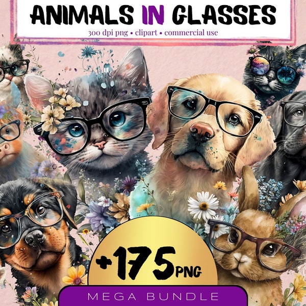 Cute Animals in Glasses Clipart, Set of 175, Funny Printable Nursery, Digital art Download, Puppies png, cute cat png, Adorable baby animals