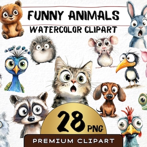 Funny Animals Clipart 28 Png, Cute Caricature Pets, Cat Watercolor, Funny Raccoon, Cartoon Animals, Digital Prints, Sticker Scrapbooking