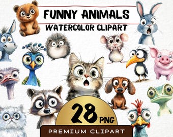 May include: A set of 28 watercolor clipart images of funny animals. The animals are drawn in a cartoon style with big eyes and expressive faces. The set includes a cat, a dog, a rabbit, a peacock, a raccoon, a hedgehog, a frog, a bird, a donkey, a pig, a mouse, an ostrich, a chicken, and a bear.