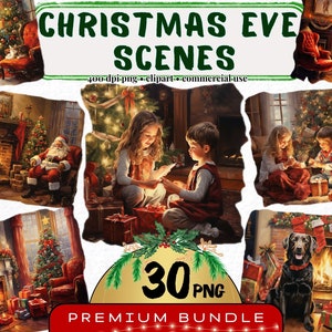 Ensemble de 30 cliparts de scènes de réveillon de Noël, graphiques de Noël douillet, aquarelle le père Noël Png, célébration de Noël, fabrication de cartes de Noël, art festif