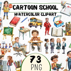 Cartoon Schule Aquarell Clipart 73 Png, lustige Grundschulkinder, Lehrer, Schulbus, Instant Download, Scrapbooking