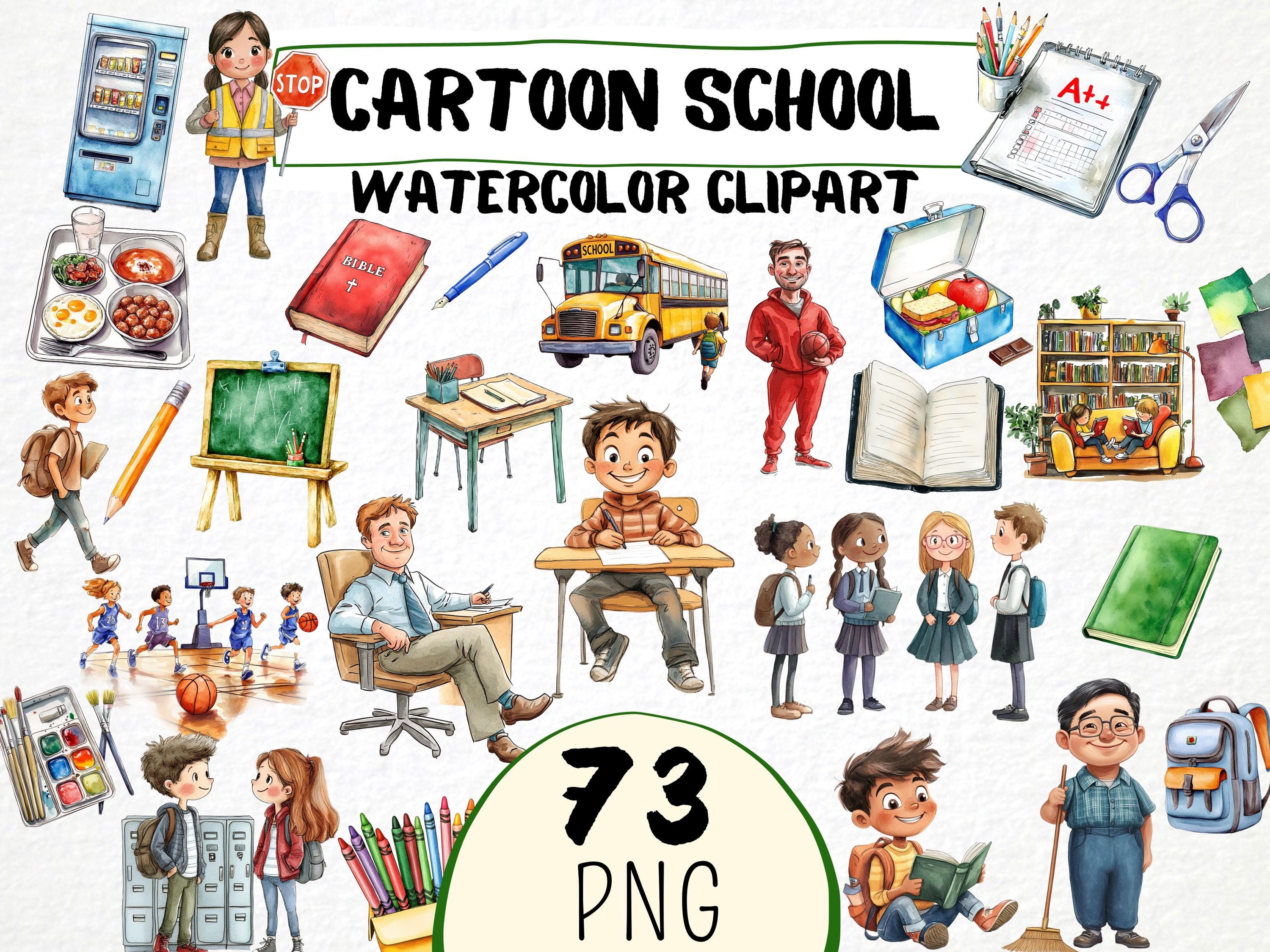 Cartoon School Watercolor Clipart 73 Png, Funny Elementary School Kids, Teacher Digital Prints, Schoolbus, Instant Download, Scrapbooking