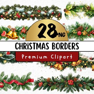 May include: A collection of Christmas border designs featuring evergreen branches, red berries, pinecones, and golden bells. The borders are decorated with lights and snow, with the text "CHRISTMAS BORDERS Premium Clipart" in the center.