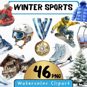 Puede incluir: Conjunto de imágenes prediseñadas de acuarela con temas de deportes de invierno. Incluye imágenes de un snowboarder, patines de hielo, un telesilla, una medalla, una montaña nevada, un chalet y una persona practicando tubing. También se incluye el texto "WINTER SPORTS" y "46 PNG Watercolor Clipart".