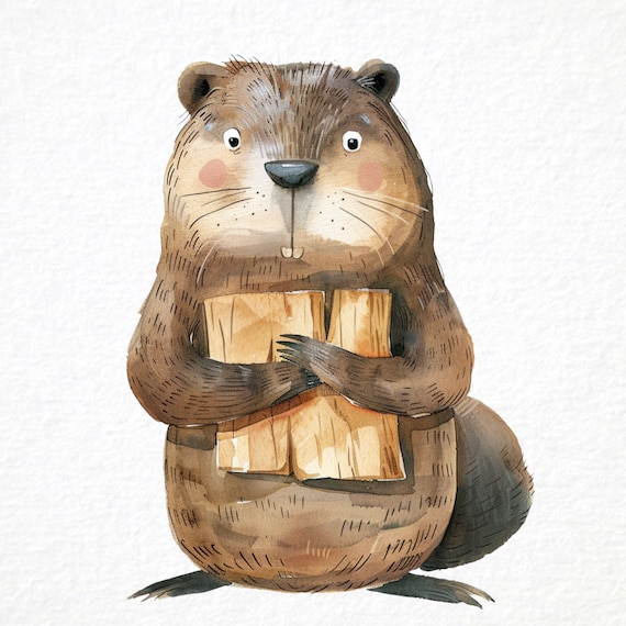 面白いビーバーのクリップアート、水彩風刺画（デジタルダウンロード