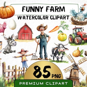 Lustiger Bauernhof Clipart 85 Png, lustige Cartoon-Bauer-Aquarell-Scheune, frische Produkte, Cartoon-Tiere, Digitaldruck, schrullige Kuh, dummes Huhn
