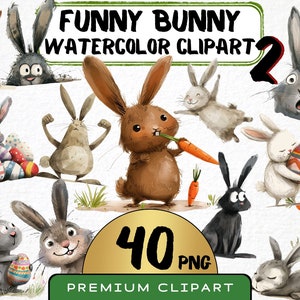 Funny Bunny Vol.2 Clipart 40 Png, Cute Caricature Pets, Quirky Rabbit Watercolor, Cartoon Animals, Digital Prints, Sticker, Scrapbooking