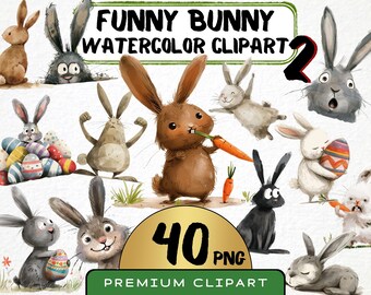 Funny Bunny Watercolor Clipart, Caricature Rabbit PNG, Vol.2 (Digital Download)