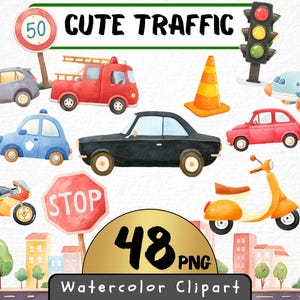 かわいい交通クリップアート 48 PNG、水彩画の車と街のイラスト、幼稚園の乗り物、道路標識、消防車の商用利用