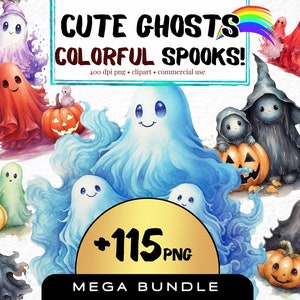 115 Spooky Halloween Ghost Clipart, Funny Ghost, Rainbow, Kids Craft, Watercolor Halloween Clip art, Ghost PNG, Scrapbook, Digital Download