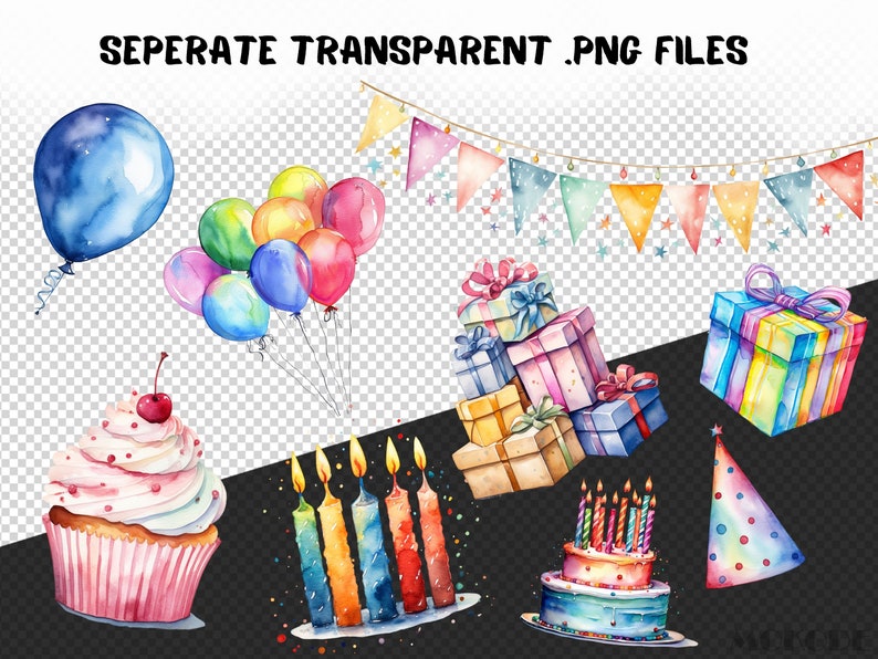 Watercolor Birthday Party Clipart 31 Png Happy Birthday Cake Invitation ...