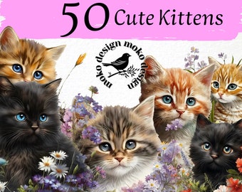 50 Watercolor Cute Cat PNG Clipart Bundle (Digital Download)