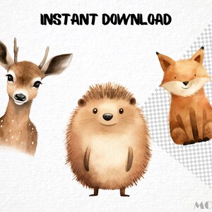 woodland animals, nursery clipart, watercolor illustration, kids decor, digital art, instant download, forest creatures, baby shower, woodland theme, graphic design, PNG files, nature-inspired art, whimsical animals, printable art