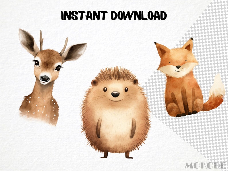 woodland animals, nursery clipart, watercolor illustration, kids decor, digital art, instant download, forest creatures, baby shower, woodland theme, graphic design, PNG files, nature-inspired art, whimsical animals, printable art