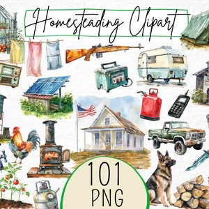 Könnte beinhalten: Ein Aquarell-Illustrationsset mit 101 Clipart-Bildern zum Thema Homesteading. Das Set enthält eine Vielzahl von Bildern, wie z. B. ein Gewächshaus, einen Wohnwagen, ein Bauernhaus, einen Holzofen, einen Hahn, einen Hund, einen LKW, ein Solarpanel, einen Kanister, ein Handy, ein Zelt, eine Feuerstelle und vieles mehr.
