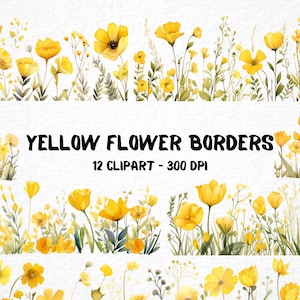 Bordures de fleurs jaunes aquarelles 12 Png Clipart Bundle, graphique floral bricolage, scrapbooking, bordure de papeterie pour fabrication de cartes, usage Commercial