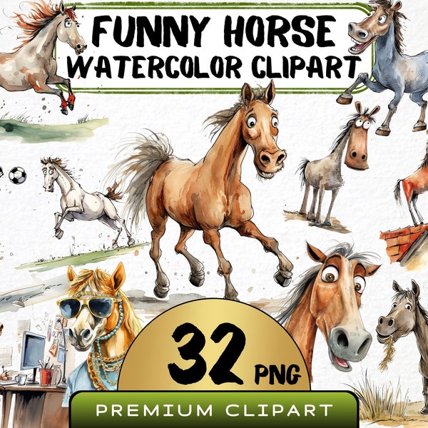 Funny Horse Clipart 32 Png, Cute Caricature Pony, Farm Animal Watercolor, Cartoon Animal Illustration, Digital Prints, Junk Journal