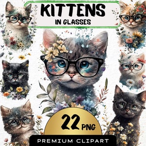 Cute Kittens in Glasses Clip Art Funny Cats Design Bundle, Watercolor Cute Kitty in Glasses, Crafting Materials, Printable Digital Paper PNG