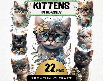 Cute Kittens in Glasses Clip Art Funny Cats Design Bundle, Watercolor Cute Kitty in Glasses, Crafting Materials, Printable Digital Paper PNG